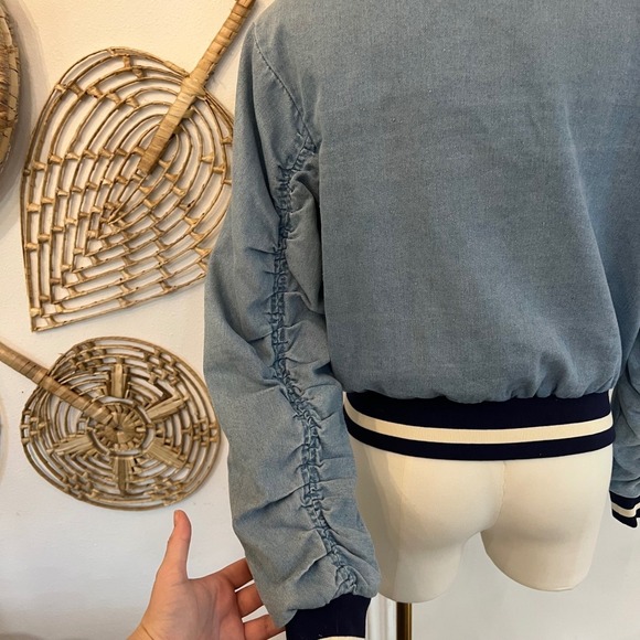 Dolan Denim Varsity Bomber DenimJacket Ruched Sleeve Cotton Vintagecore XS - Picture 5 of 10
